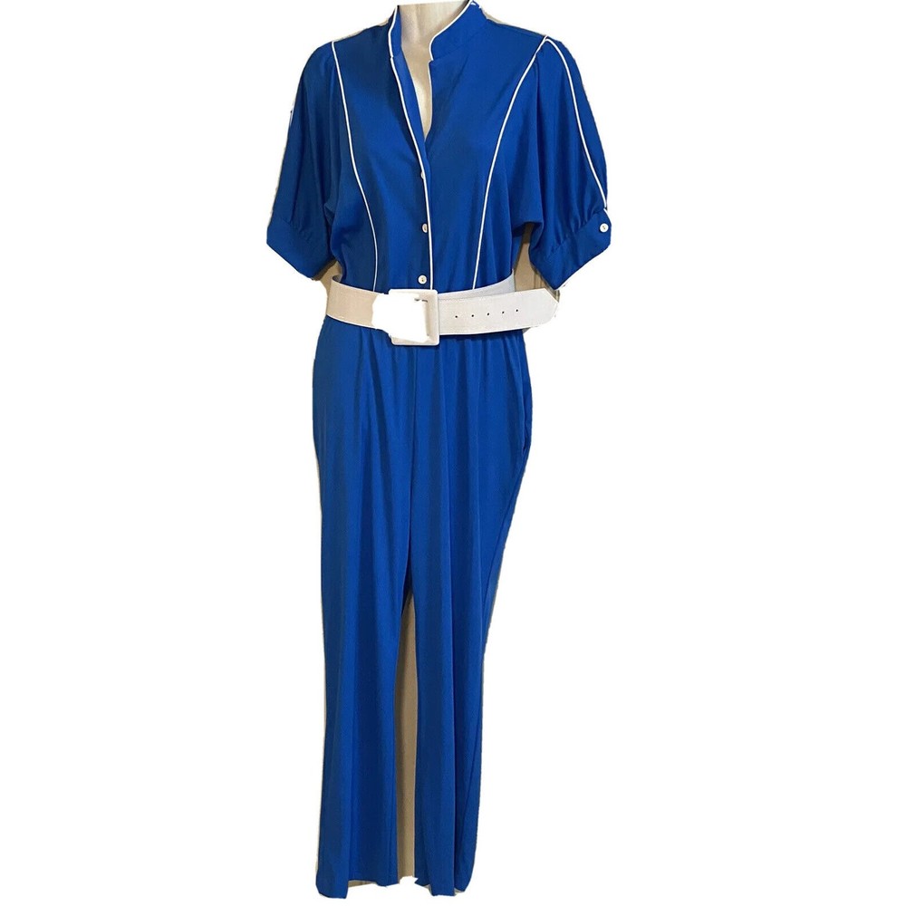Vintage 60s /70s JC Penney  Blue & White  Polyester Stretch Jumpsuit